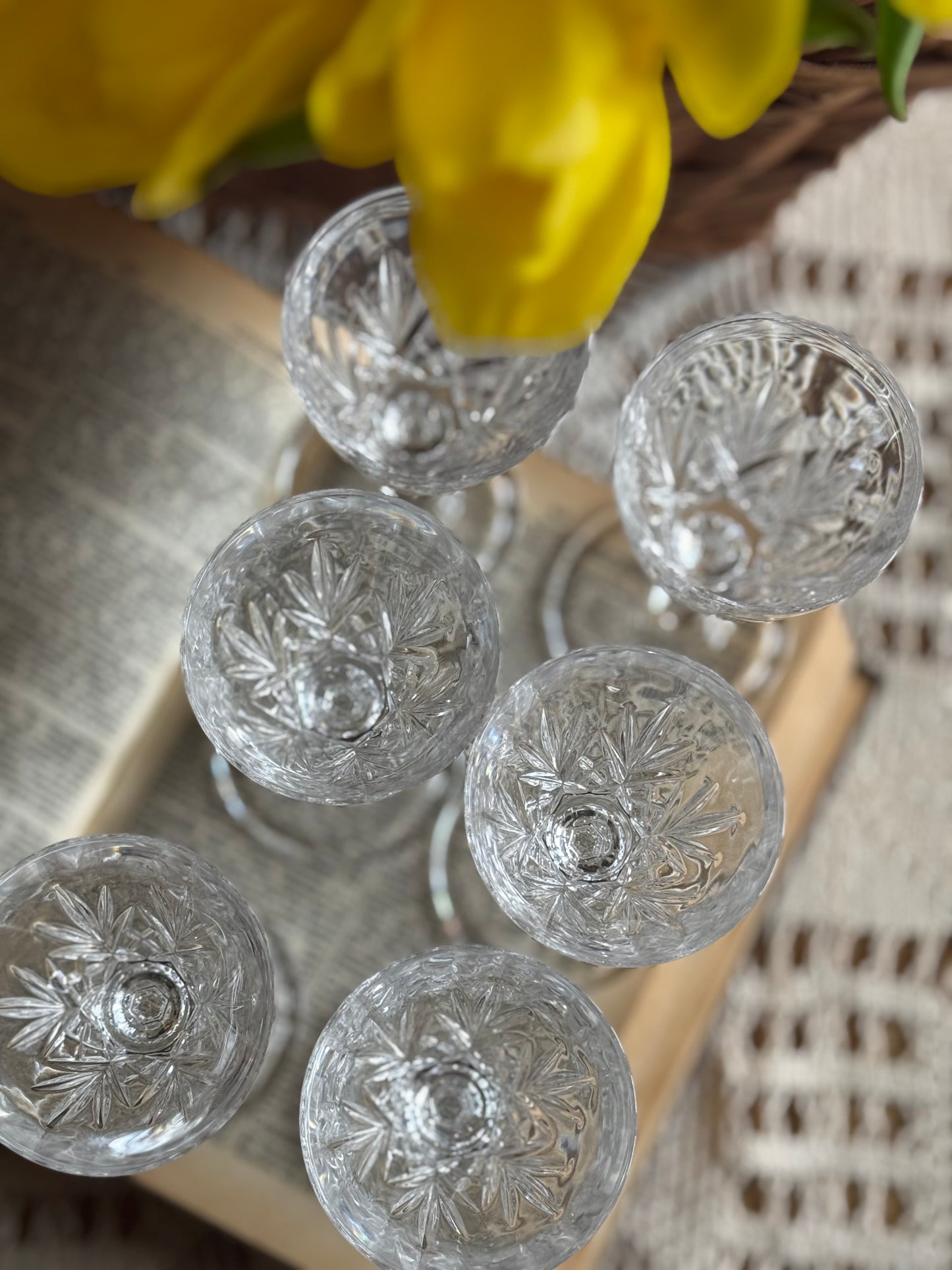 Vintage Cut Crystal Liqueur Glasses Set of 6 – Faceted, Elegant Small Stemware