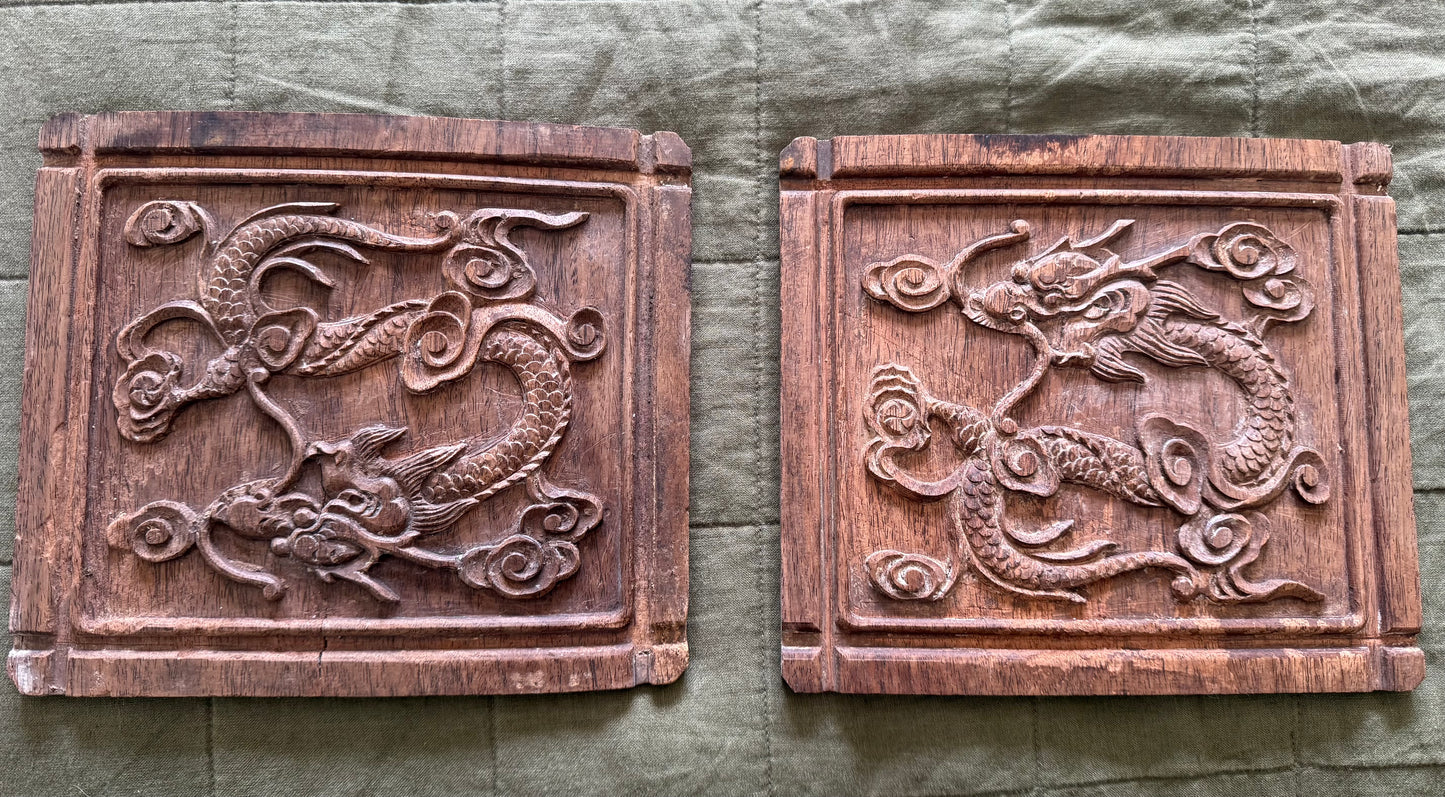 Carved Wooden Dragon Wall Panels – Traditional Oriental Relief Plaques