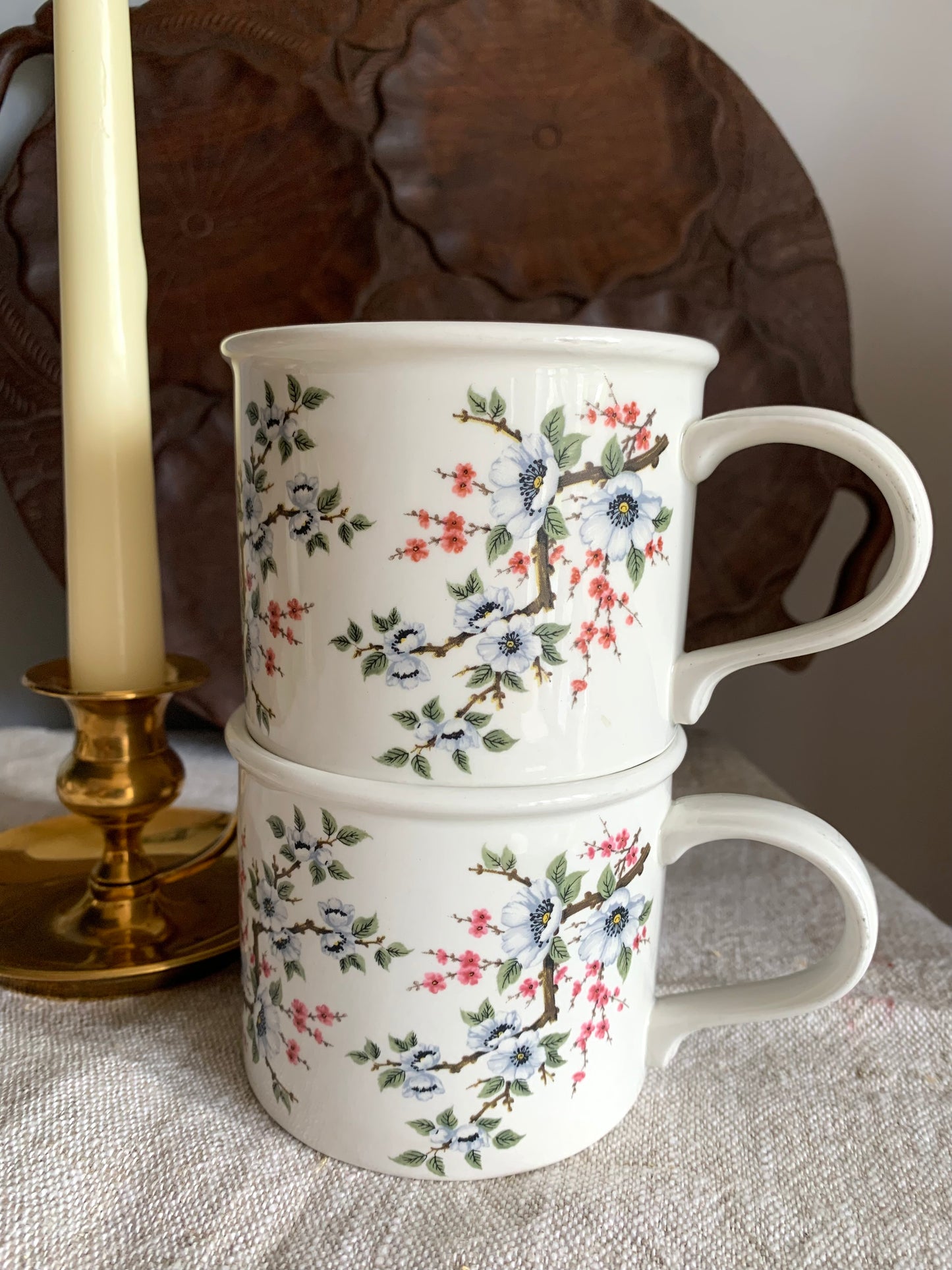 Vintage, white almond blossom tea mugs.