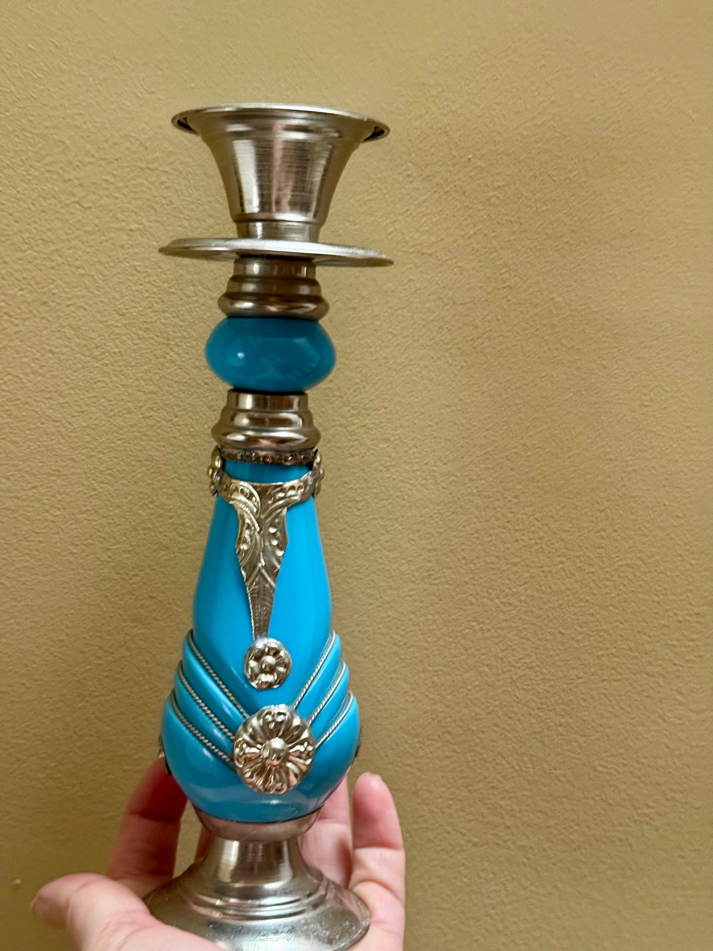 Vintage Turquoise Glass & Silver-Plated Candlesticks – Pair (Mid-Century European Design)