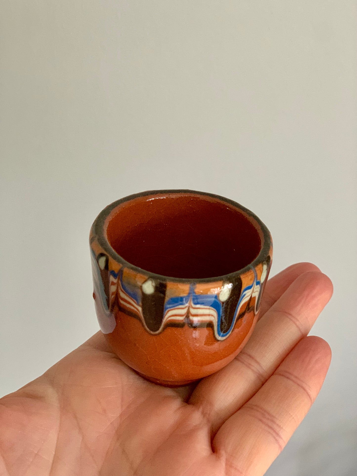 Vintage, handmade Troyan terracotta small cups.