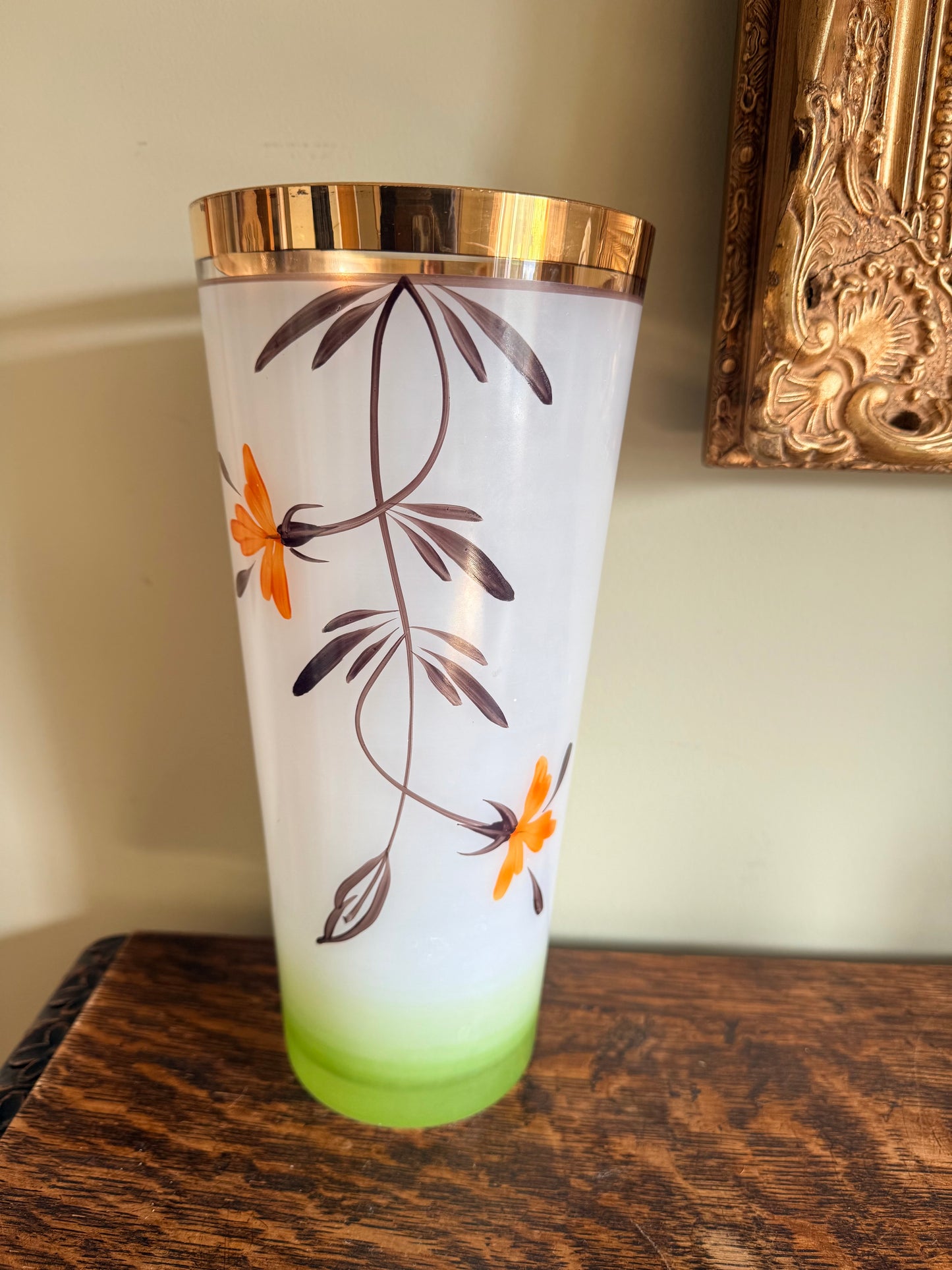 Vintage Frosted Glass Vase with Hand-Painted Flowers & Gold Rim – Mid Century Bohemian Style