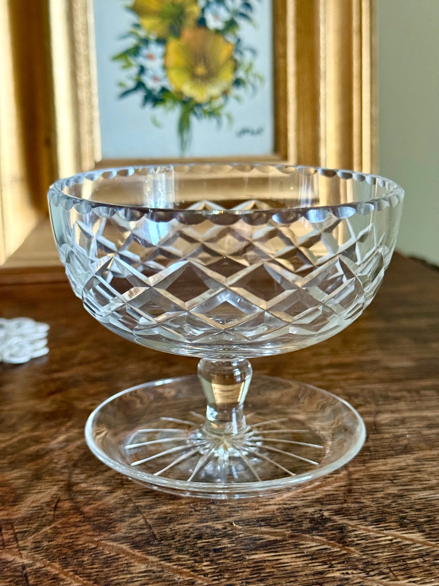 Set of 5 Vintage Cut Crystal Coupe Glasses / Dessert Bowls – Diamond Cut, Star Base