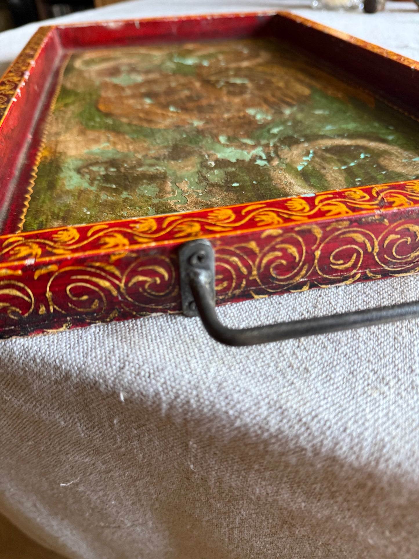 Vintage Indian Wooden Lacquer Serving Tray – Rooster Motif – 46cm