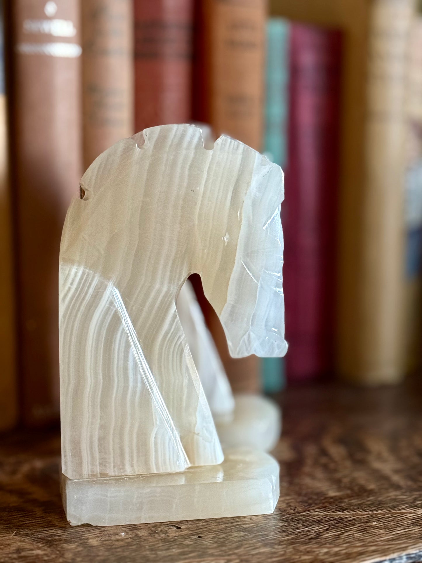 Vintage Banded Onyx Marble Horse Head Bookends – Pair – Cream Calcite Stone