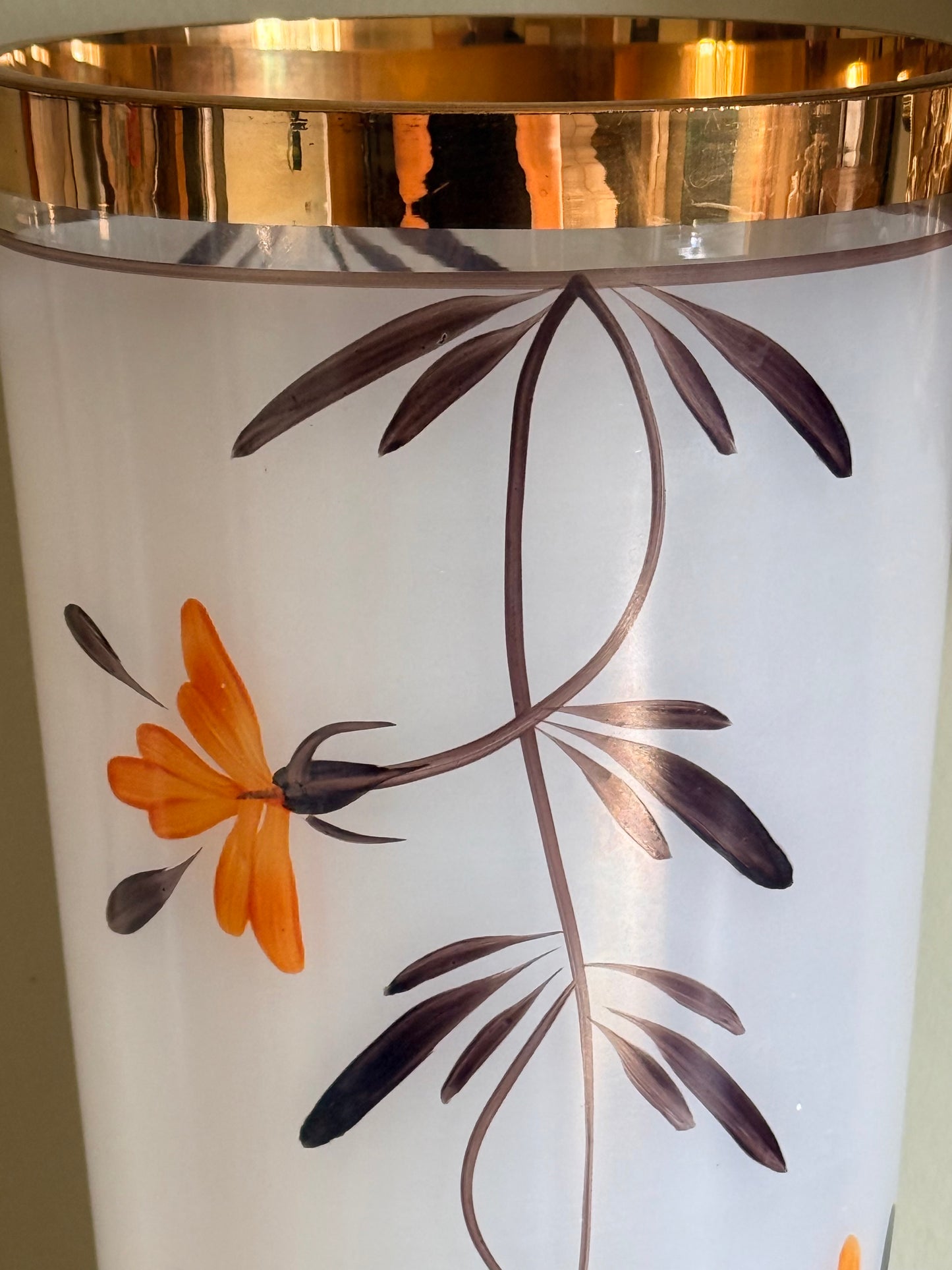 Vintage Frosted Glass Vase with Hand-Painted Flowers & Gold Rim – Mid Century Bohemian Style