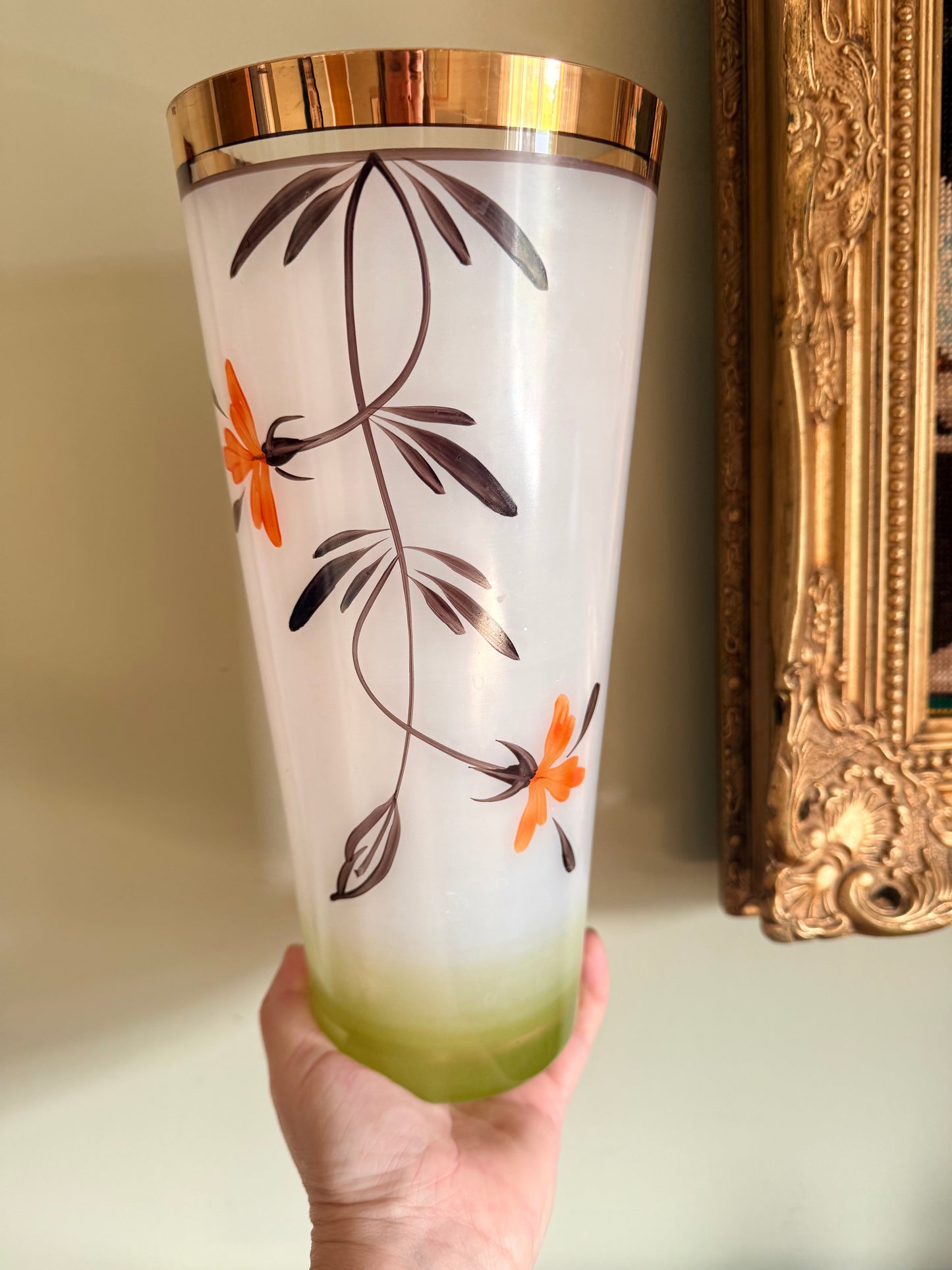 Vintage Frosted Glass Vase with Hand-Painted Flowers & Gold Rim – Mid Century Bohemian Style