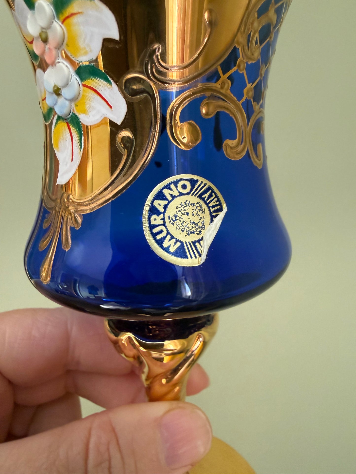 Set of 4 Murano cobalt blue and gold Venetian glass goblets with enamel floral decoration.