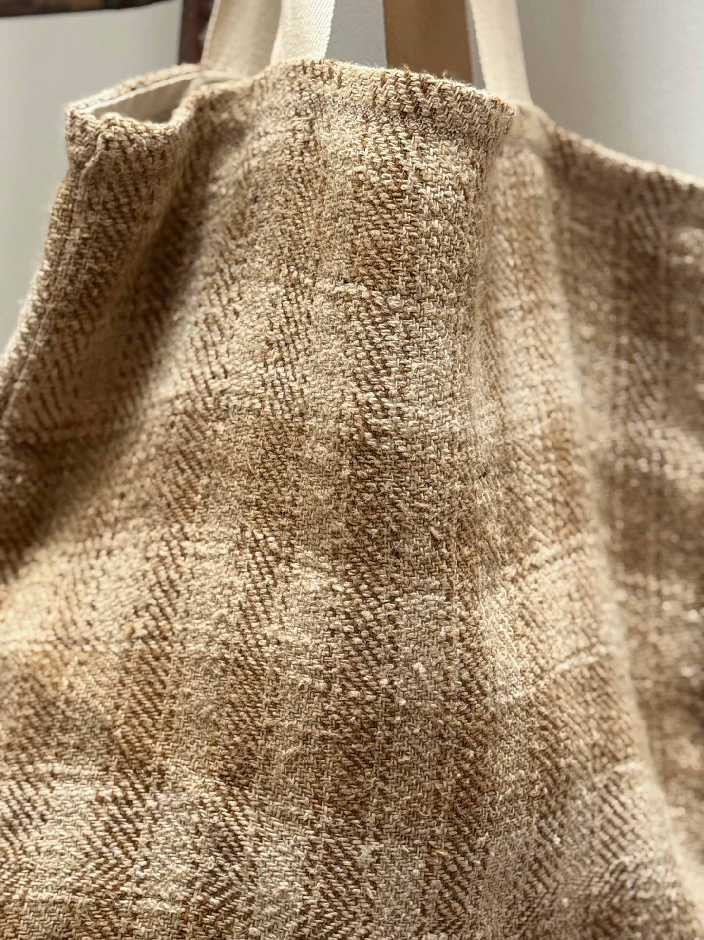 Organic, antique, handwoven linen tote bag.