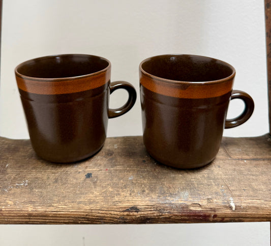 Vintage Japanese Stoneware Coffee Mug Set / Rustic Brown Ceramic Cups