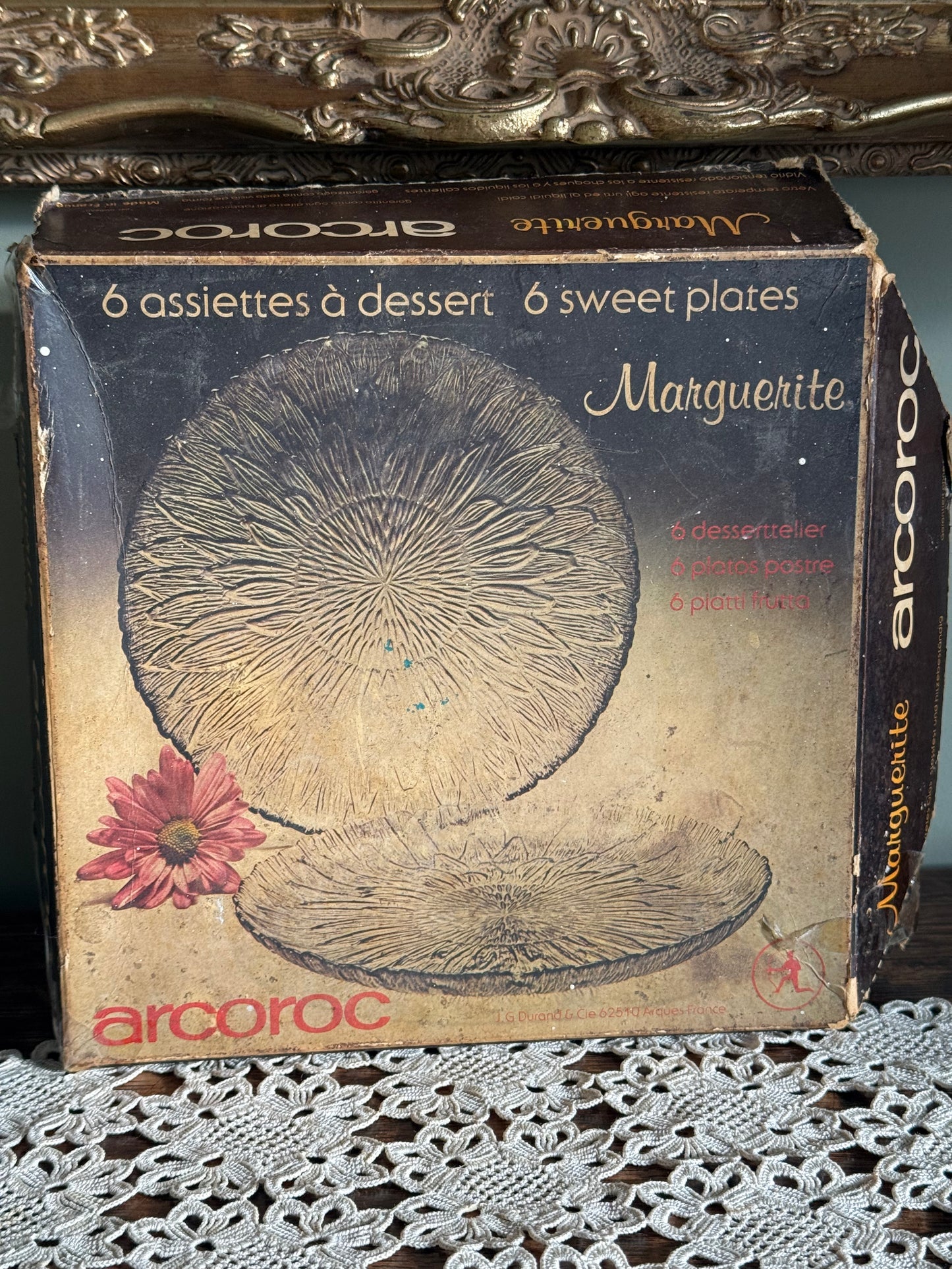 Vintage Arcopal Marguerite Smoked Glass Dessert Plates – Set of 6 with Box