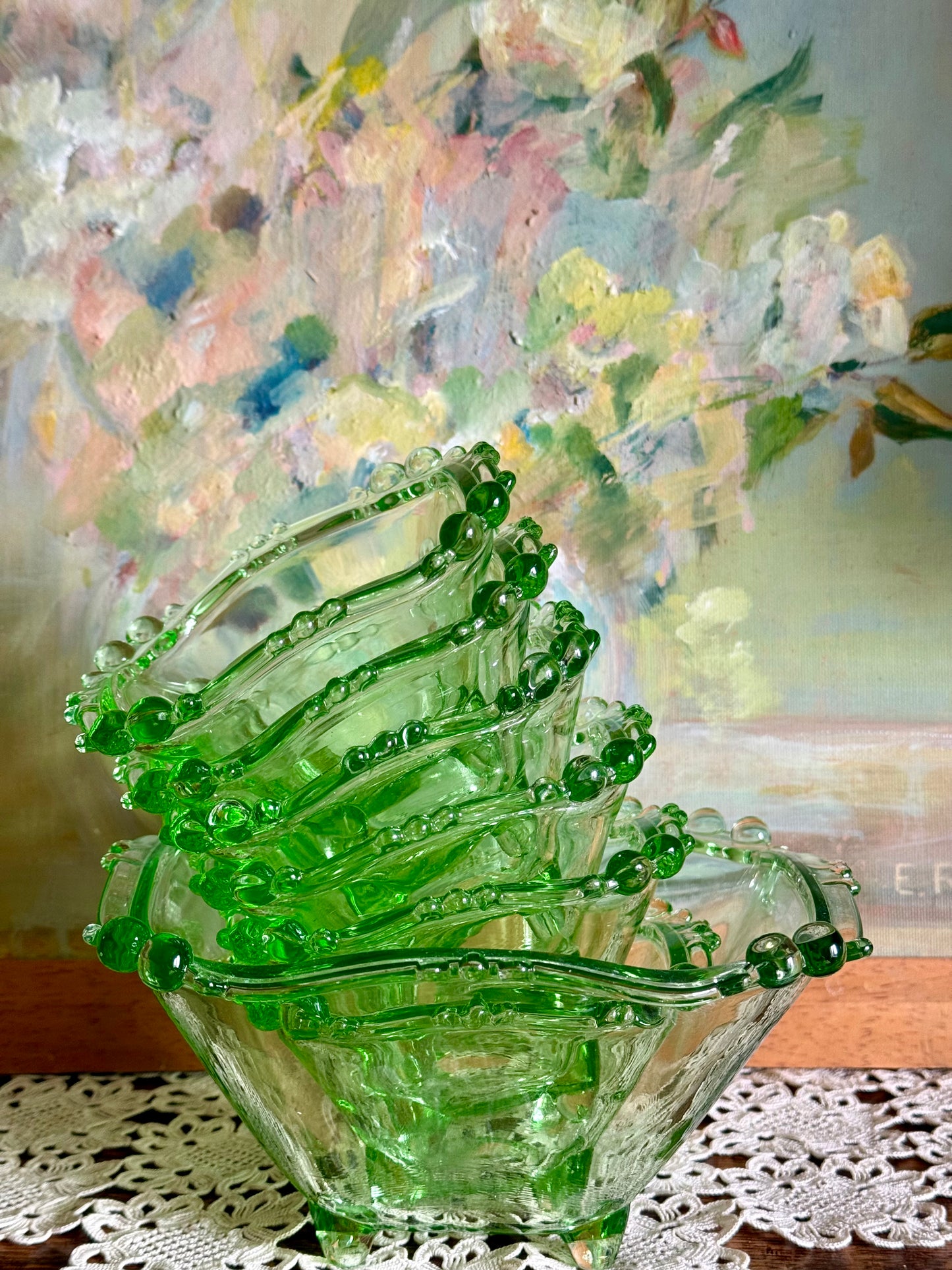 Vintage Green Art Glass Serving Set – Large Bowl + 6 Small Bowls | Hand Blown | Bohemian Style