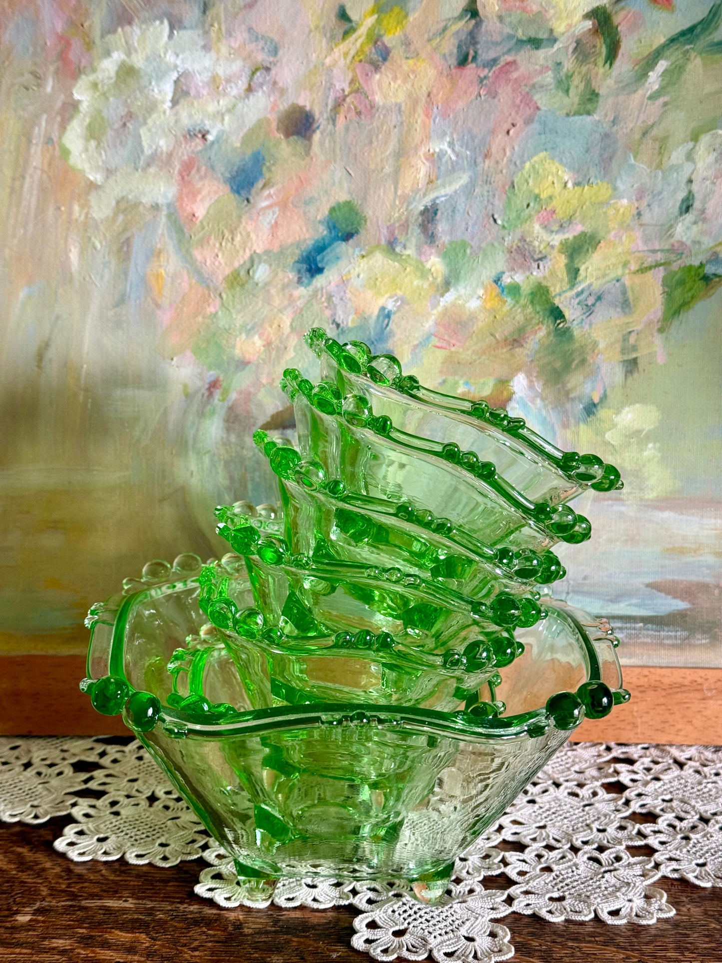 Vintage Green Art Glass Serving Set – Large Bowl + 6 Small Bowls | Hand Blown | Bohemian Style