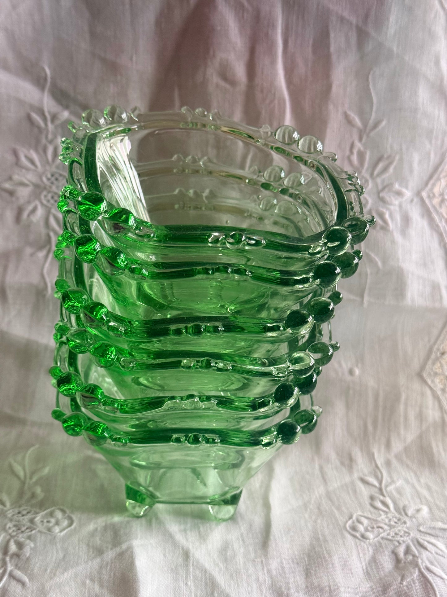 Vintage Green Art Glass Serving Set – Large Bowl + 6 Small Bowls | Hand Blown | Bohemian Style