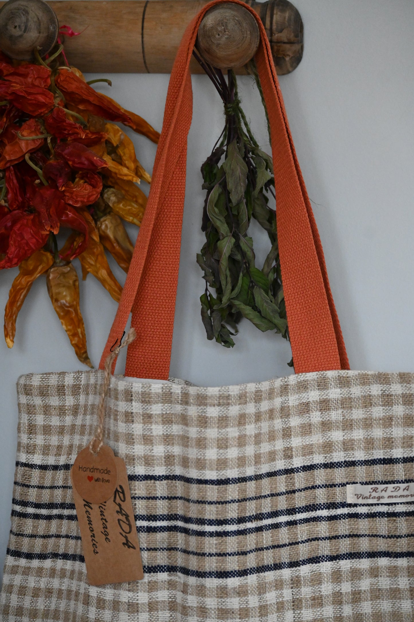 Handwoven, antique linen and cotton tote bag.