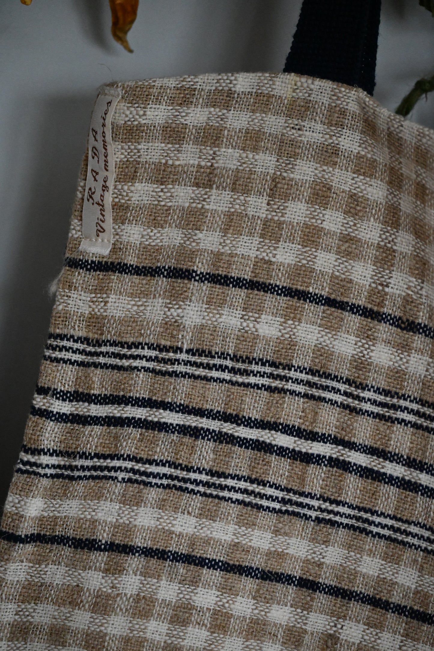 Handwoven, antique linen and cotton tote bag.