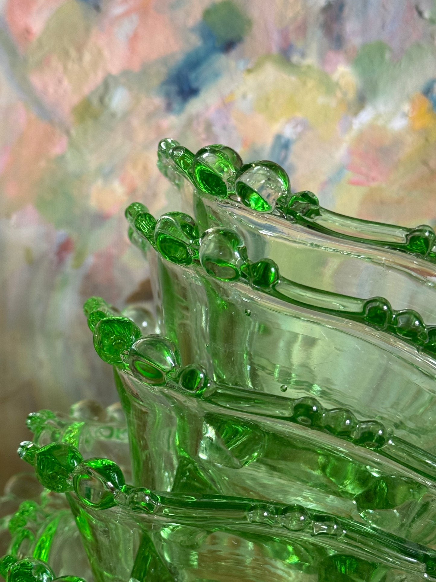 Vintage Green Art Glass Serving Set – Large Bowl + 6 Small Bowls | Hand Blown | Bohemian Style