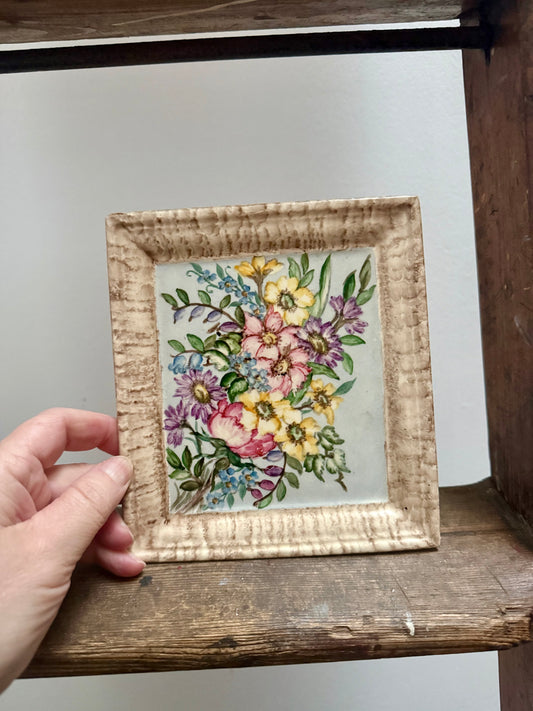 Vintage hand-painted floral ceramic wall tile plaque