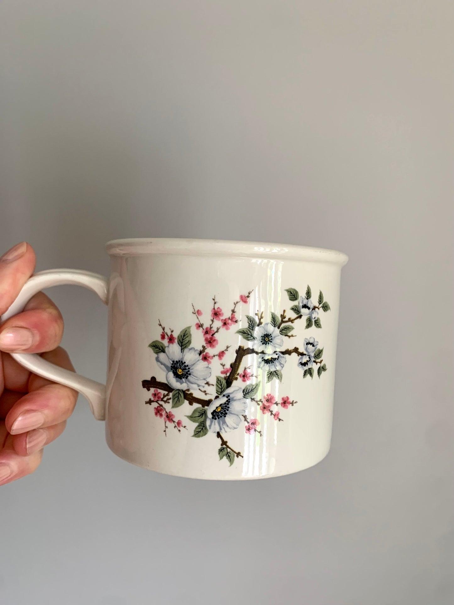 Vintage, white almond blossom tea mugs.