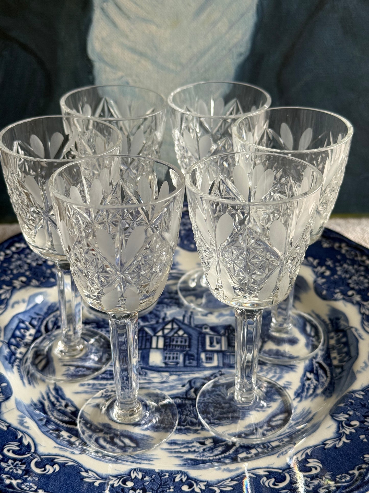 6 Vintage small crystal stemmed glasses.