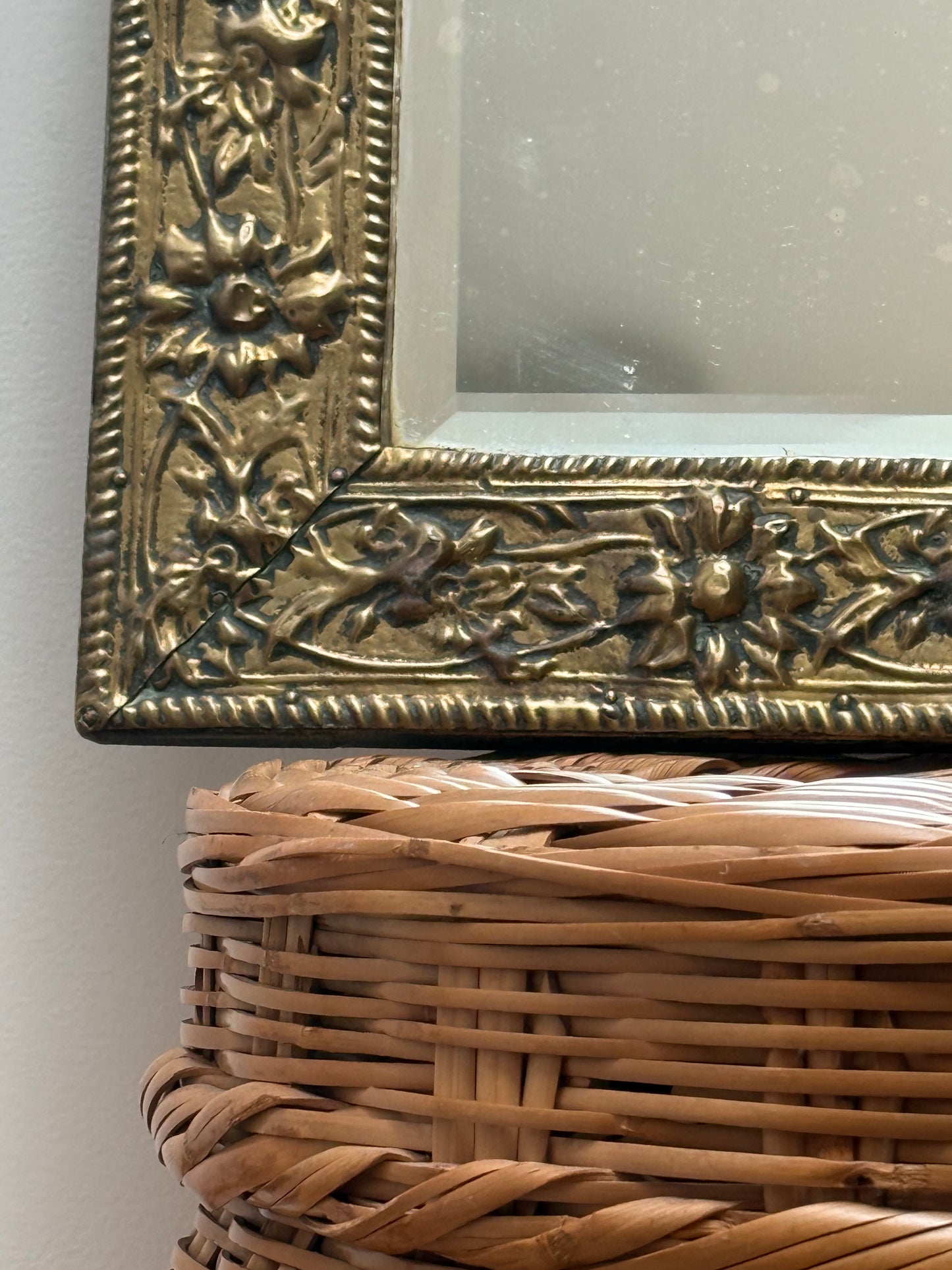 Antique Art Nouveau Brass Framed Bevelled Wall Mirror | Floral Repoussé Frame | Vintage