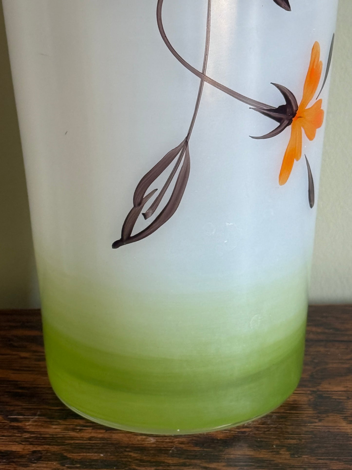Vintage Frosted Glass Vase with Hand-Painted Flowers & Gold Rim – Mid Century Bohemian Style