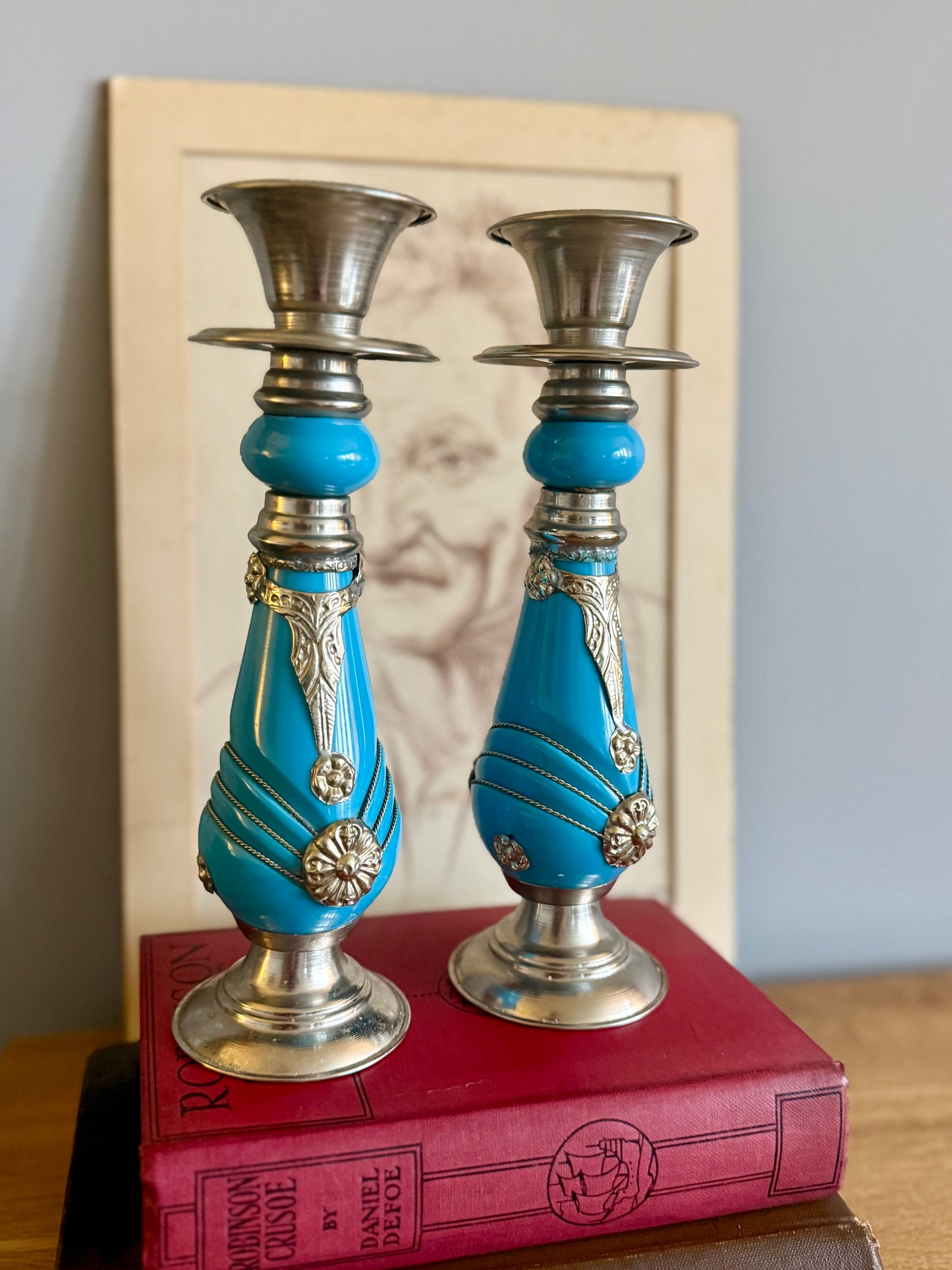 Vintage Turquoise Glass & Silver-Plated Candlesticks – Pair (Mid-Century European Design)
