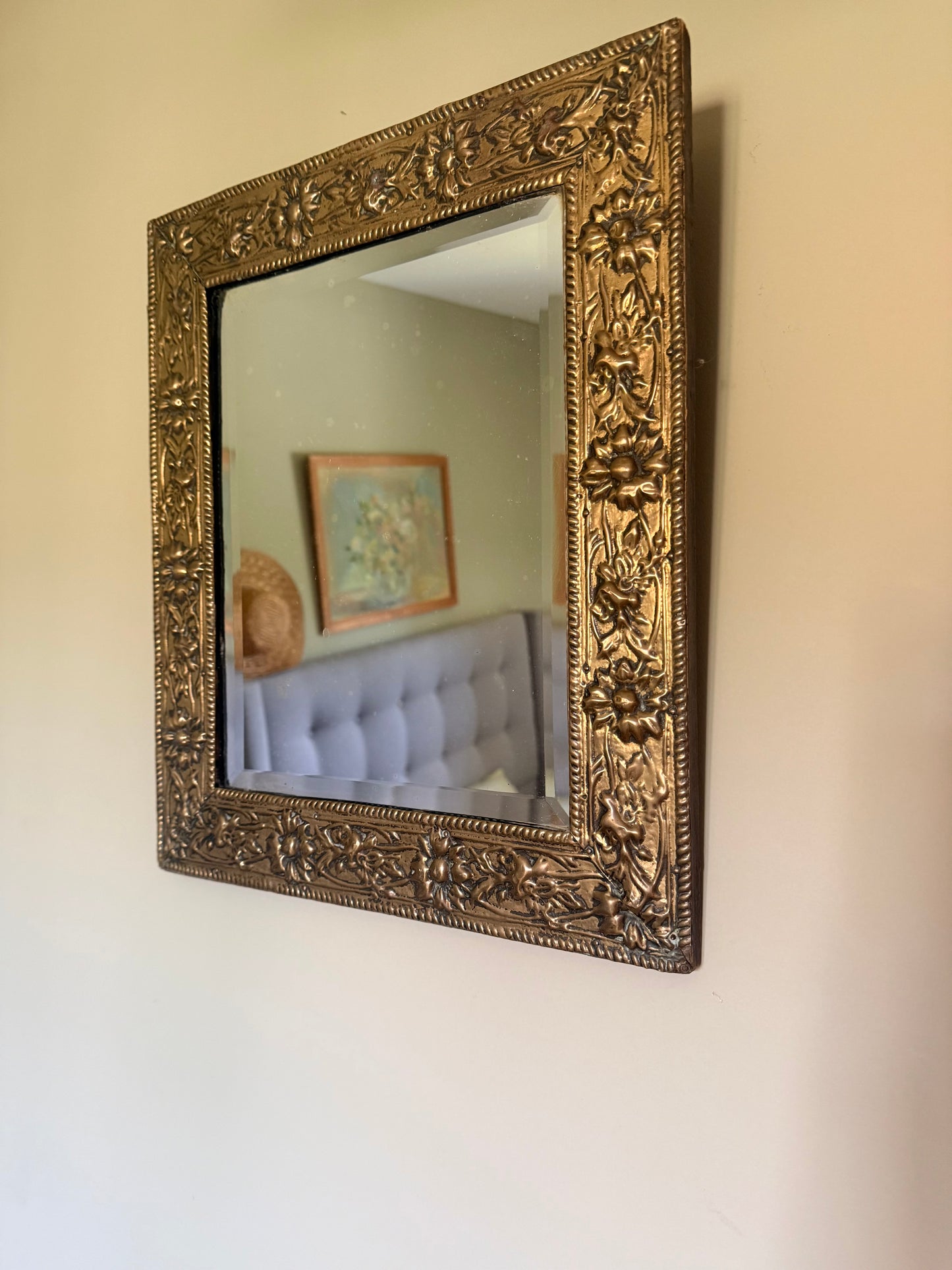 Antique Art Nouveau Brass Framed Bevelled Wall Mirror | Floral Repoussé Frame | Vintage