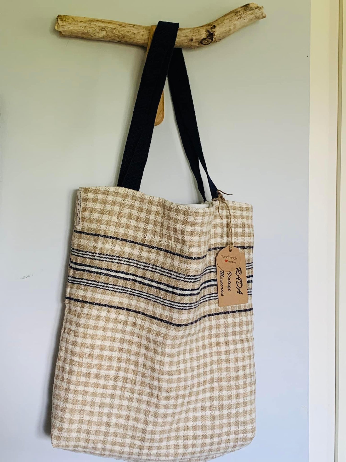 Handwoven, antique linen and cotton tote bag.