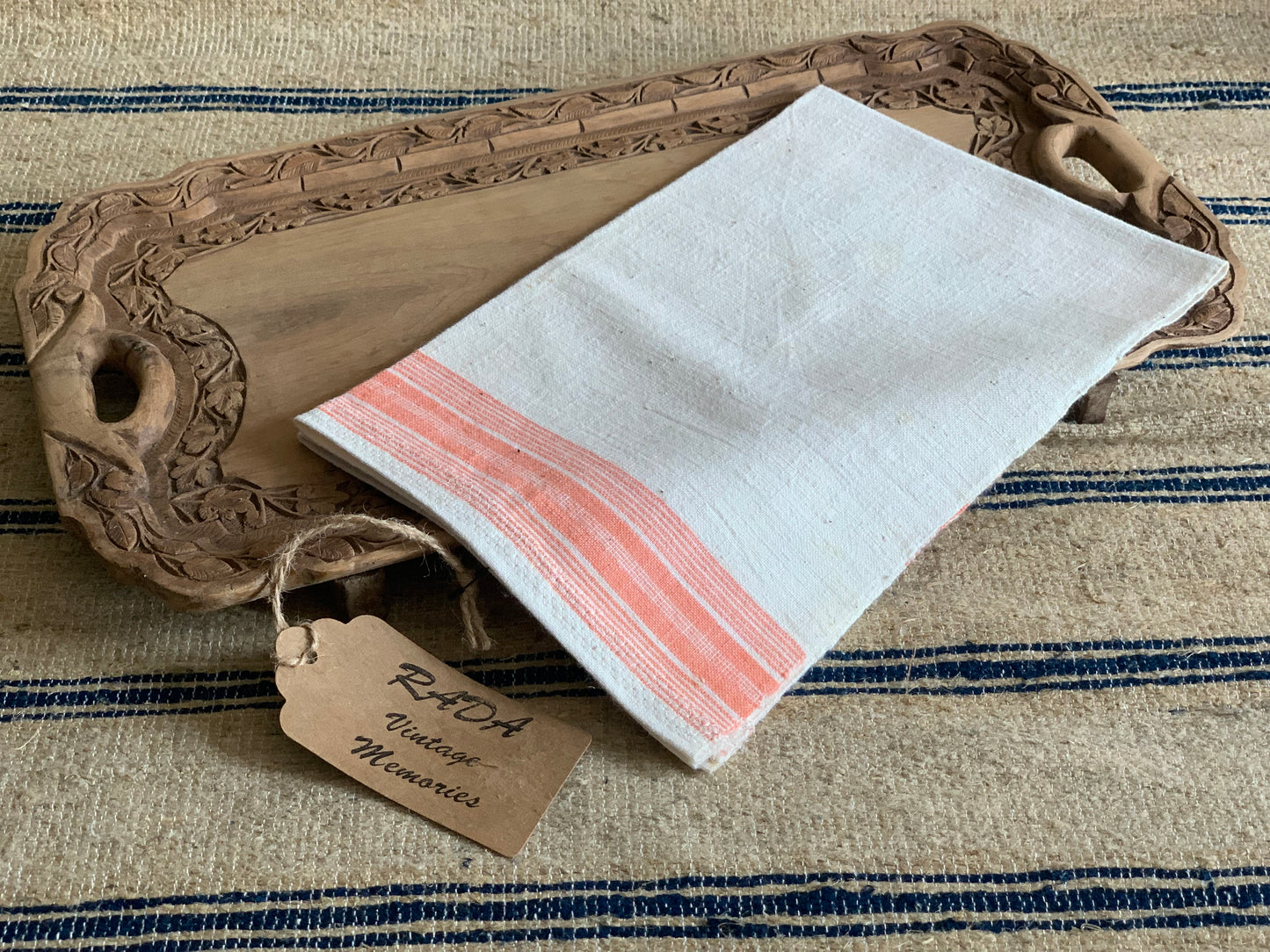 Set of 4 antique, handwoven cotton tea towels / kitchen cloths.