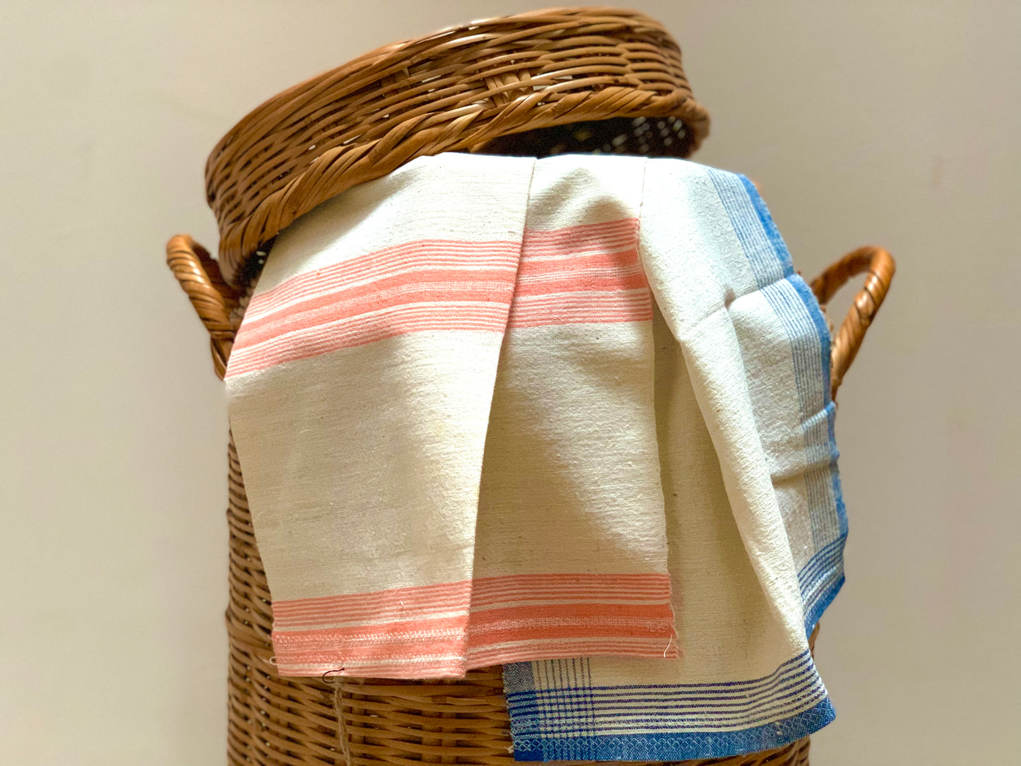 Set of 4 antique, handwoven cotton tea towels / kitchen cloths.