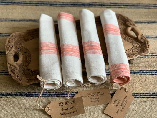 Set of 4 antique, handwoven cotton tea towels / kitchen cloths.