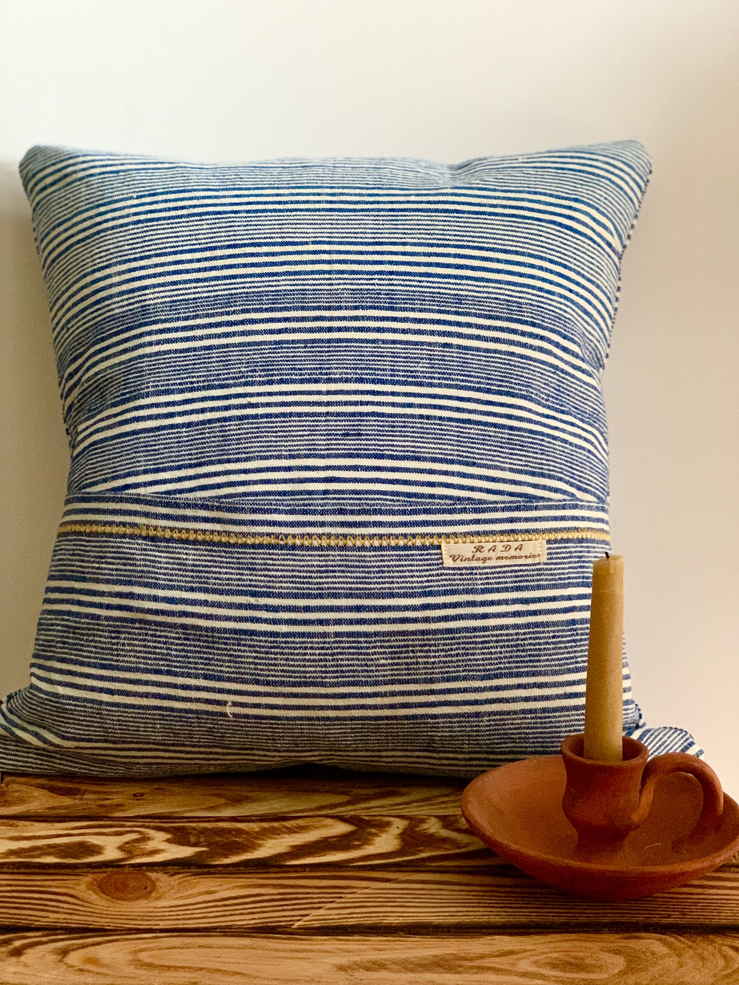 Antique, summer blue stripy cushion.